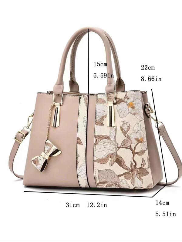 Women's Fashionable Floral Pattern Handbag, Casual Large Capacity Shoulder Bag with Bowknot Charm, Trendy Versatile High-quality Daily Commuting Bag