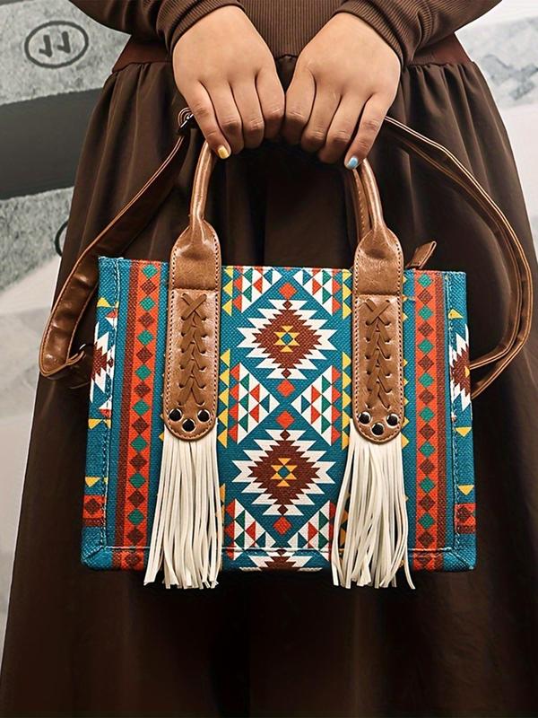 Boho Style Boho Pattern Tassel Tote Bag, Fashionable Large Capacity Shoulder Bag for Women, Casual Trendy Versatile High-quality Daily Commuting Bag, Girl Fashionable Bag