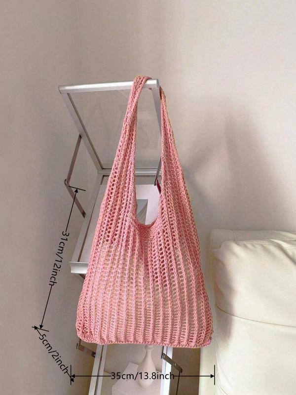 Summer 2024 Women's Minimalist Crochet Tote Shoulder Bag, Casual Lightweight Retro Braided Bag, Trendy Simple Style Bag for Summer Beach Outfit, Back to School Bag, Clean Girl Outfit Bag for Teen Girl