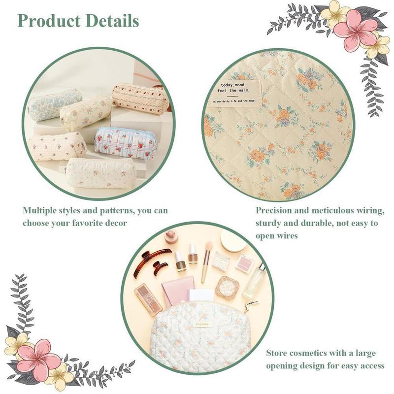 Floral Print Quilted Makeup Bag, Portable Lightweight Cosmetic Zipper Makeup Organizer Pouch for Outing & Travel, Cute Toiletry Bag for Women & Girls, Cruel Summer