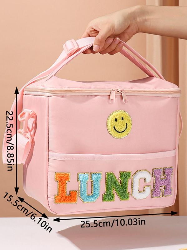 Cute Letter & Smile Face Pattern Lunch Bag, Large Capacity Zipper Lunch Bag with Adjustable Strap, Casual Lunch Bag for Outdoor Camping Picnic Travel