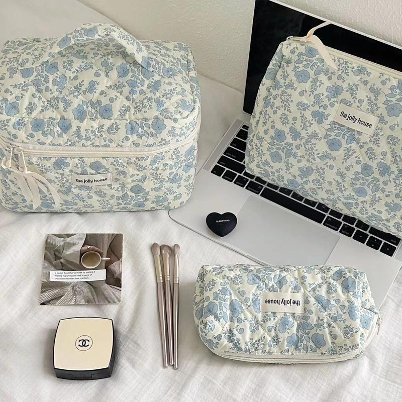 3Pcs Cotton Quited Makeup Bag Set, Quilted Makeup Bag, Large Floral Cosmetic Bag for Women, Cute Cotton Makeup Bags, Flower Travel Toiletry Organizer Bag makeupbag set lip balm