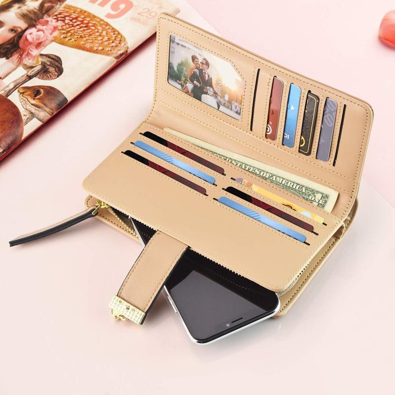 Women's Wallet Women Credit Card Holder Hollow Leaf Pattern Bifold Leather Lady Long Wallet Purse Zip Birthday Xmas Gifts for Women Girls(Khaki)