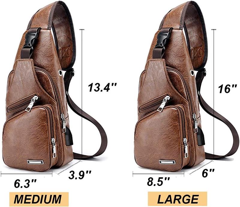 Leather Sling Bag Mens Crossbody Bag Chest Bag Sling Backpack for Men with USB Charge Port