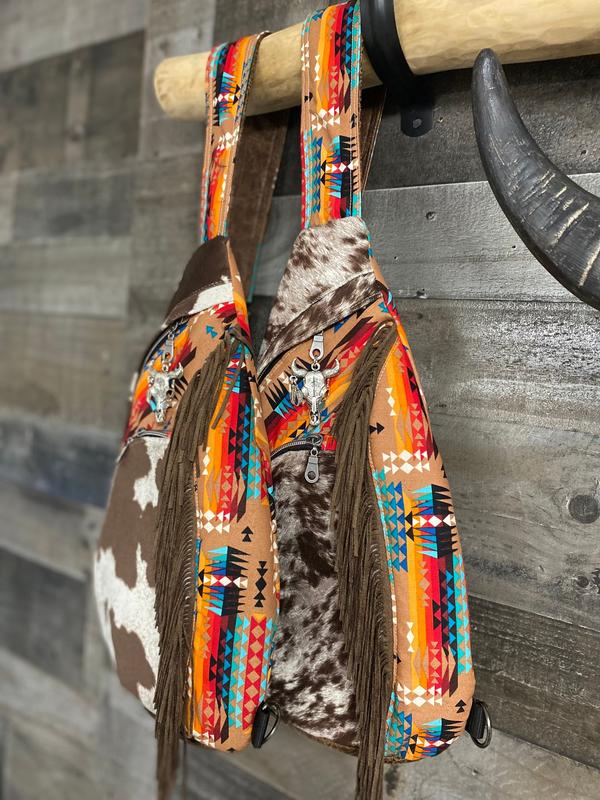 Summit Sling Bag  brown beige Cow longhorn print   Faux Leather Backpack  Cross Body fringe bag  highland cow  Western Bag aztec native