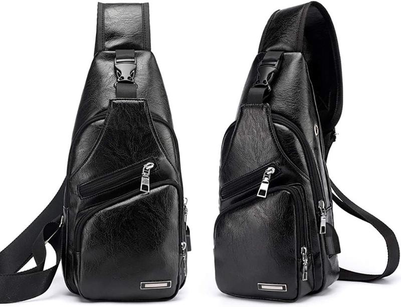 Leather Sling Bag Mens Crossbody Bag Chest Bag Sling Backpack for Men with USB Charge Port