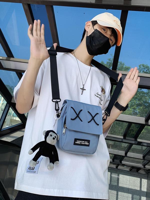 Men's Street Crossbody Bag, Letter Patched Cross Detail Shoulder Bag with Monkey Bag Charm, Multifunctional Mini Designer Summer Bag for Travel, College, Back to School