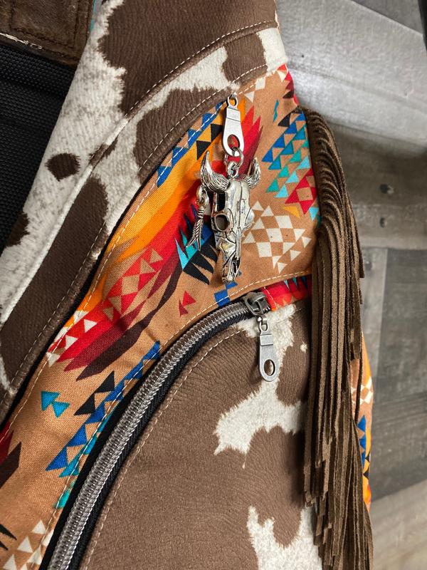 Summit Sling Bag  brown beige Cow longhorn print   Faux Leather Backpack  Cross Body fringe bag  highland cow  Western Bag aztec native