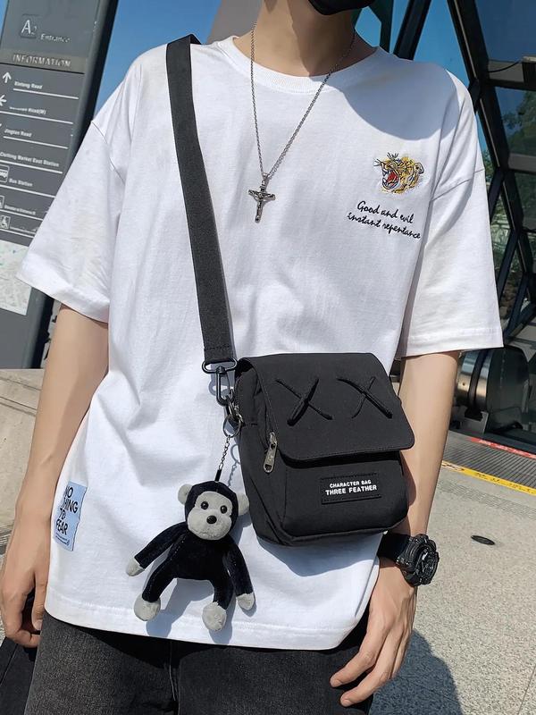 Men's Street Crossbody Bag, Letter Patched Cross Detail Shoulder Bag with Monkey Bag Charm, Multifunctional Mini Designer Summer Bag for Travel, College, Back to School