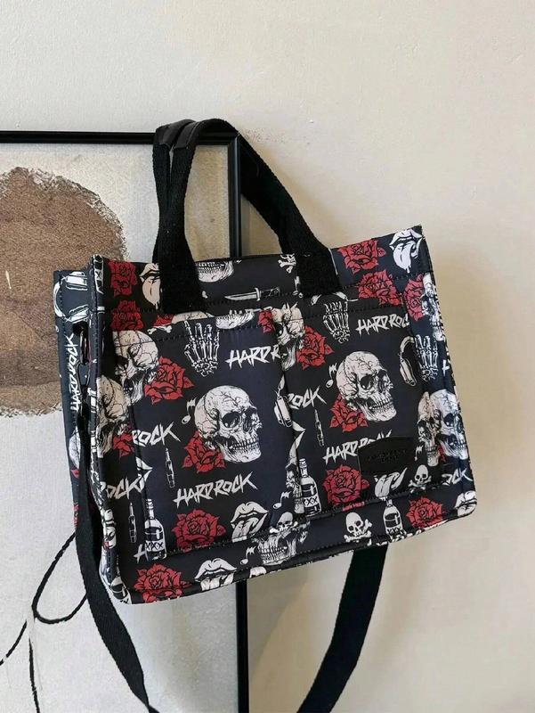 Skull Design Large Capacity Multi-Pocket Canvas Tote Bag, Lightweight Casual Shoulder Handbag For Women