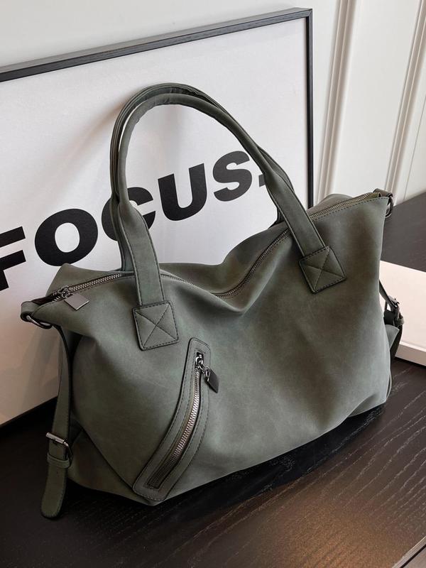 Women's Casual Large Capacity Tote Bag With Zipper, Trendy Simple Style Plain Color Shoulder Bag, Tote Bag For Trip & Business