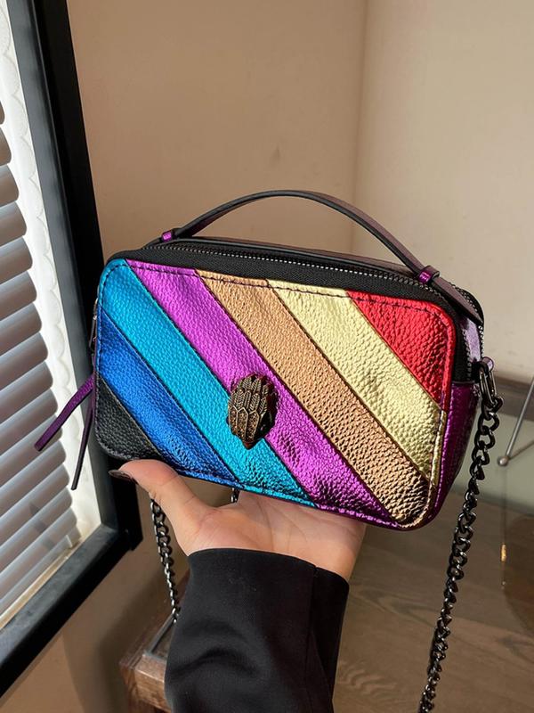 Fashion Colorful Striped Decorated Crossbody Bag, Casual PU Leather Zipper Shoulder Bag for Women, Trendy All-match Commuter Bag for Daily Used