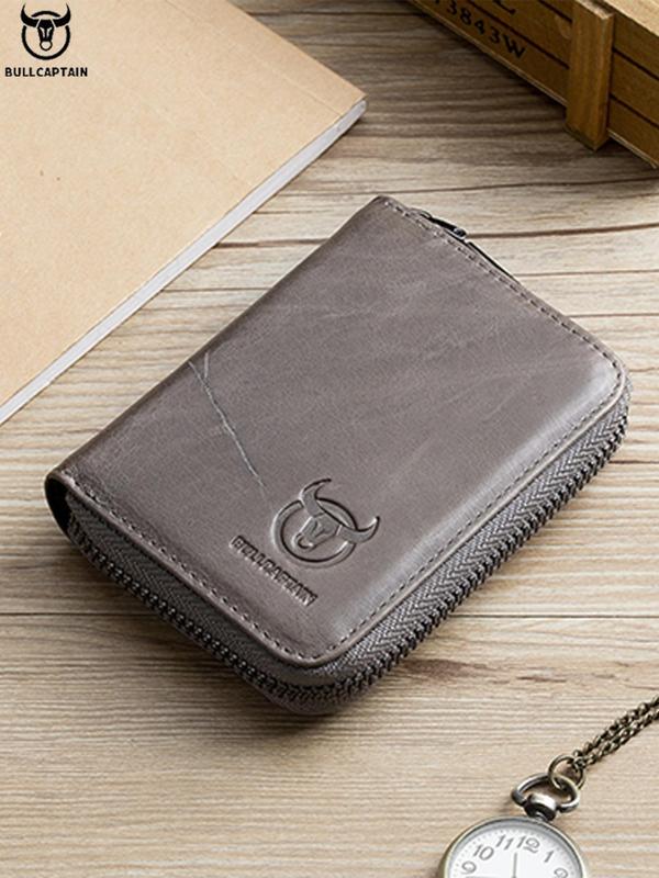 Men's Summer Casual Solid Animal Decor Cowhide Card Holder, Multi-functional Zipper Short Wallet, Business Card Holder Bag As Gift for Dad, Brother, Husband