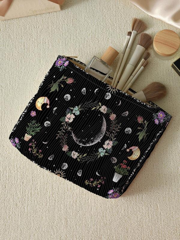 Floral & Moon Pattern Corduroy Makeup Bag, Large Capacity Zipper Cosmetic Storage Bag, Toiletry Bag for Women & Girls, Lightweight Multi-functional Bag, Travel Essentials