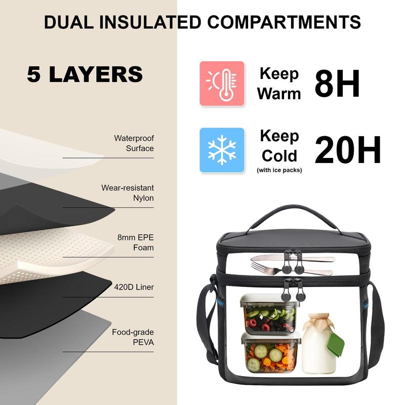 Everfun Small Insulated Lunch Bag Soft Dual Compartments Lunch Box for man Foldable Waterproof Leak-proof for Work, blue durable grey cooling ello lunch bag  multi-compartment mums  mini insulated bag reusable lunch portable lunch leakproof lunch