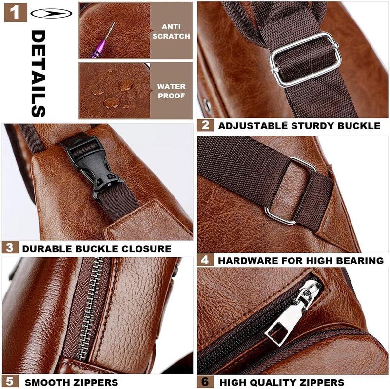 Leather Sling Bag Mens Crossbody Bag Chest Bag Sling Backpack for Men with USB Charge Port