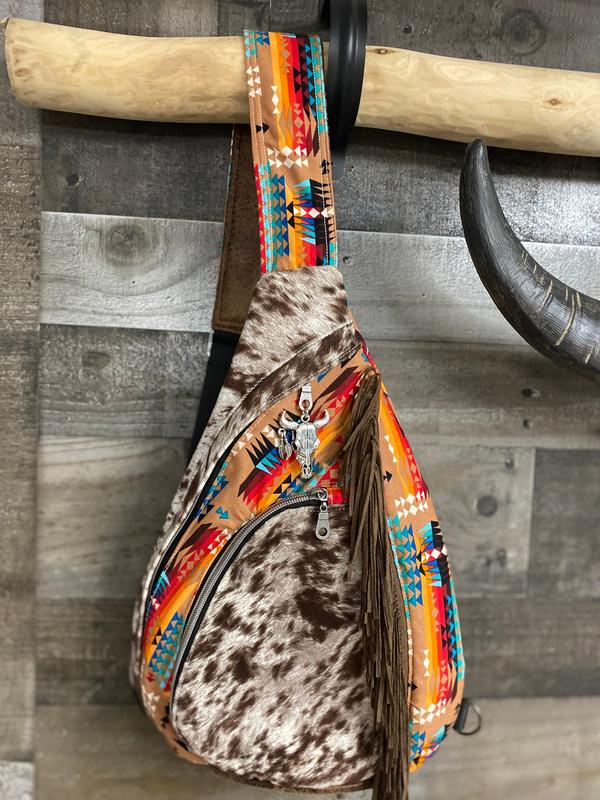 Summit Sling Bag  brown beige Cow longhorn print   Faux Leather Backpack  Cross Body fringe bag  highland cow  Western Bag aztec native