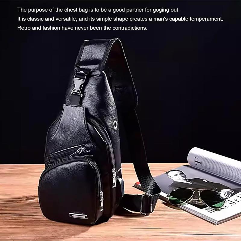 Leather Sling Bag Mens Crossbody Bag Chest Bag Sling Backpack for Men with USB Charge Port