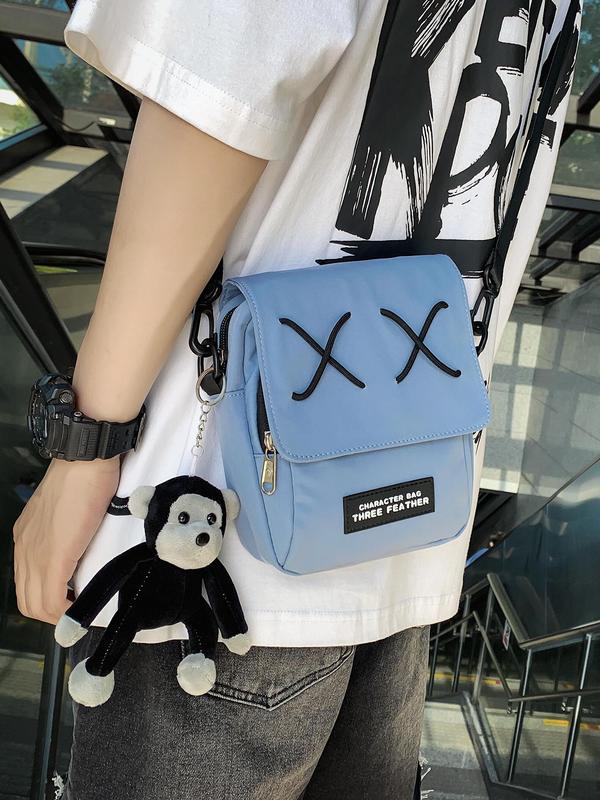 Men's Street Crossbody Bag, Letter Patched Cross Detail Shoulder Bag with Monkey Bag Charm, Multifunctional Mini Designer Summer Bag for Travel, College, Back to School