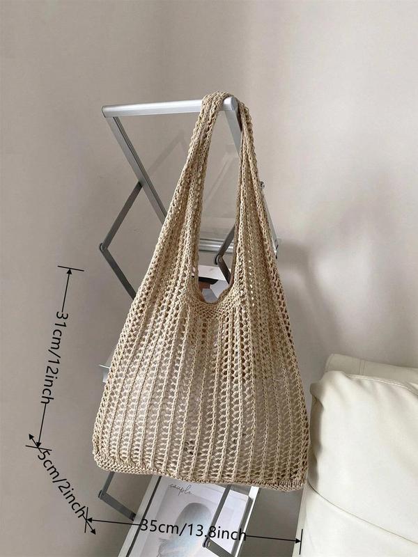 Summer 2024 Women's Minimalist Crochet Tote Shoulder Bag, Casual Lightweight Retro Braided Bag, Trendy Simple Style Bag for Summer Beach Outfit, Back to School Bag, Clean Girl Outfit Bag for Teen Girl