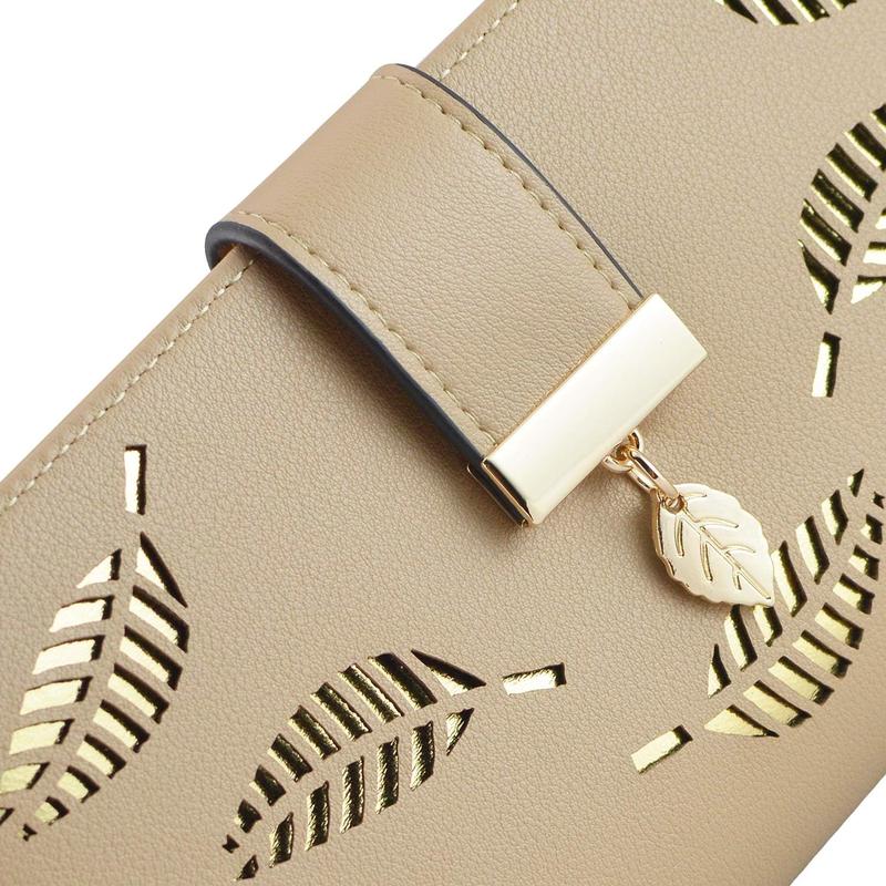 Women's Wallet Women Credit Card Holder Hollow Leaf Pattern Bifold Leather Lady Long Wallet Purse Zip Birthday Xmas Gifts for Women Girls(Khaki)