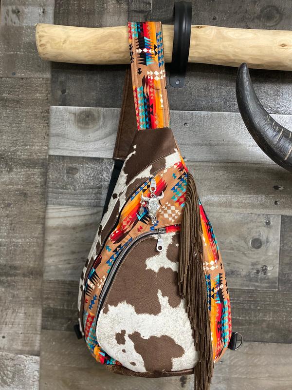 Summit Sling Bag  brown beige Cow longhorn print   Faux Leather Backpack  Cross Body fringe bag  highland cow  Western Bag aztec native