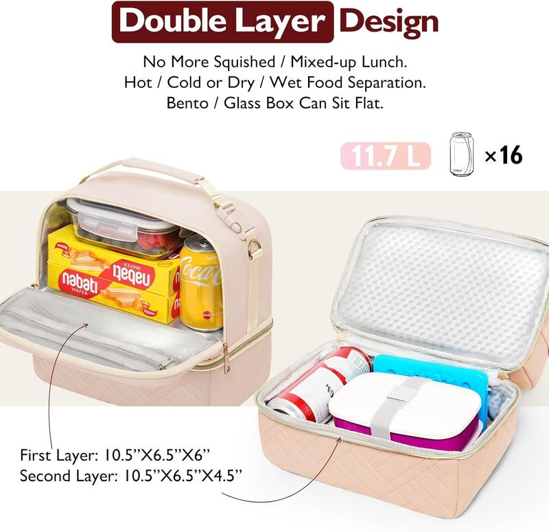 Large Lunch Bag Box Women - 2024 Newest Christmas Mothers Day Gifts for Women - 2 Tier Leather Leakproof Insulated Water-Resistant Lunch Bag Tote Cooler with Removable Strap for Work Travel Picnics