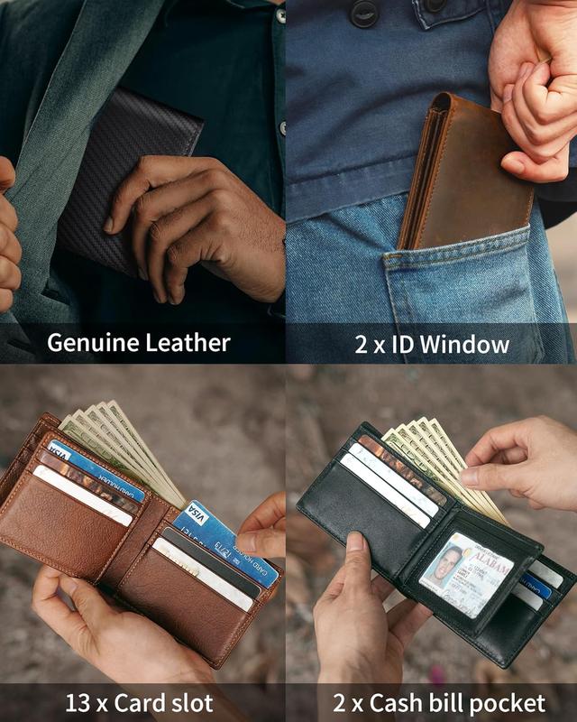 Mens Wallet Bifold Genuine Leather RFID Blocking Wallet for Men, 1 ID Window 13 Card Holders, Gift Box