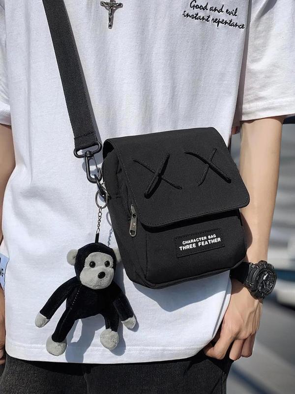 Men's Street Crossbody Bag, Letter Patched Cross Detail Shoulder Bag with Monkey Bag Charm, Multifunctional Mini Designer Summer Bag for Travel, College, Back to School