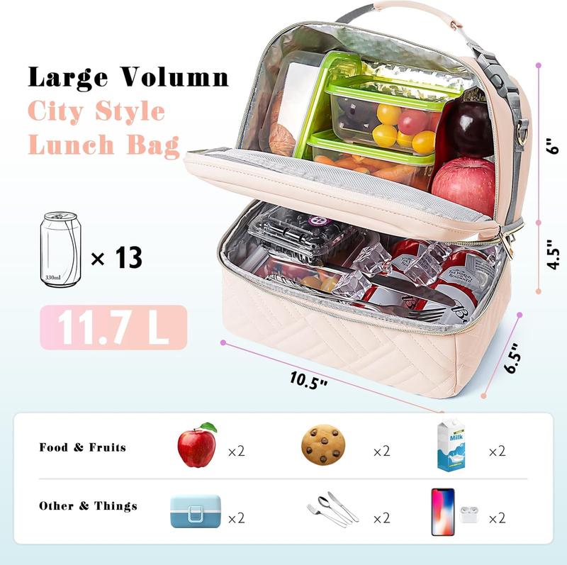 Large Lunch Bag Box Women - 2024 Newest Christmas Mothers Day Gifts for Women - 2 Tier Leather Leakproof Insulated Water-Resistant Lunch Bag Tote Cooler with Removable Strap for Work Travel Picnics