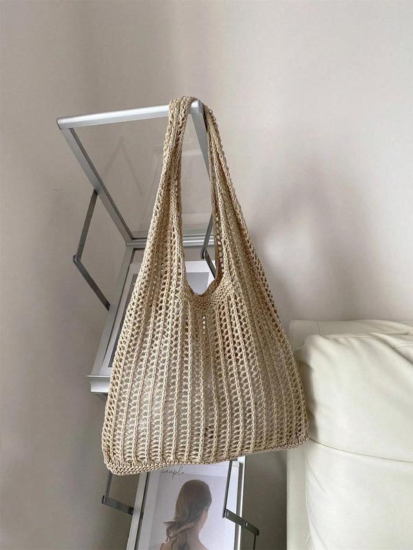 Summer 2024 Women's Minimalist Crochet Tote Shoulder Bag, Casual Lightweight Retro Braided Bag, Trendy Simple Style Bag for Summer Beach Outfit, Back to School Bag, Clean Girl Outfit Bag for Teen Girl