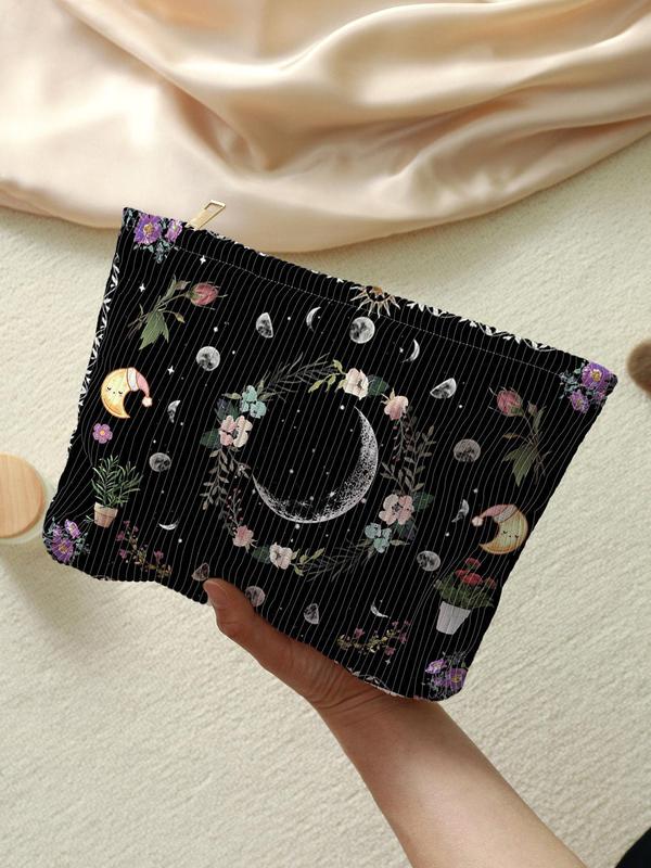 Floral & Moon Pattern Corduroy Makeup Bag, Large Capacity Zipper Cosmetic Storage Bag, Toiletry Bag for Women & Girls, Lightweight Multi-functional Bag, Travel Essentials