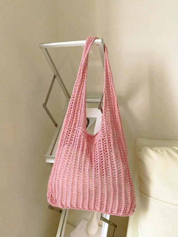 Summer 2024 Women's Minimalist Crochet Tote Shoulder Bag, Casual Lightweight Retro Braided Bag, Trendy Simple Style Bag for Summer Beach Outfit, Back to School Bag, Clean Girl Outfit Bag for Teen Girl