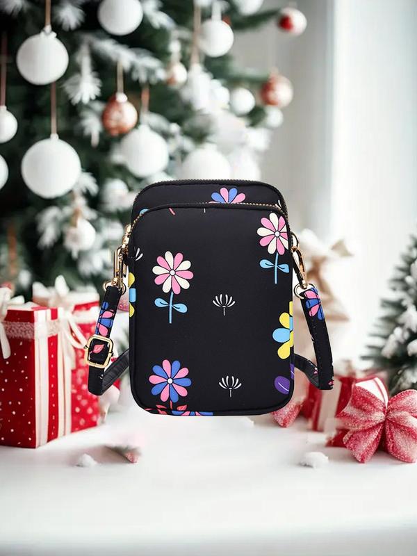 Women's Solid Color Cartoon Print Zipper Crossbody Bag, Fashionable Phone Wallet Bag for Daily Use, Casual Shoulder Bag for Work & Office, Mini Coin Purse Crossbody Bag, Fall Outfits, Fall Freshness