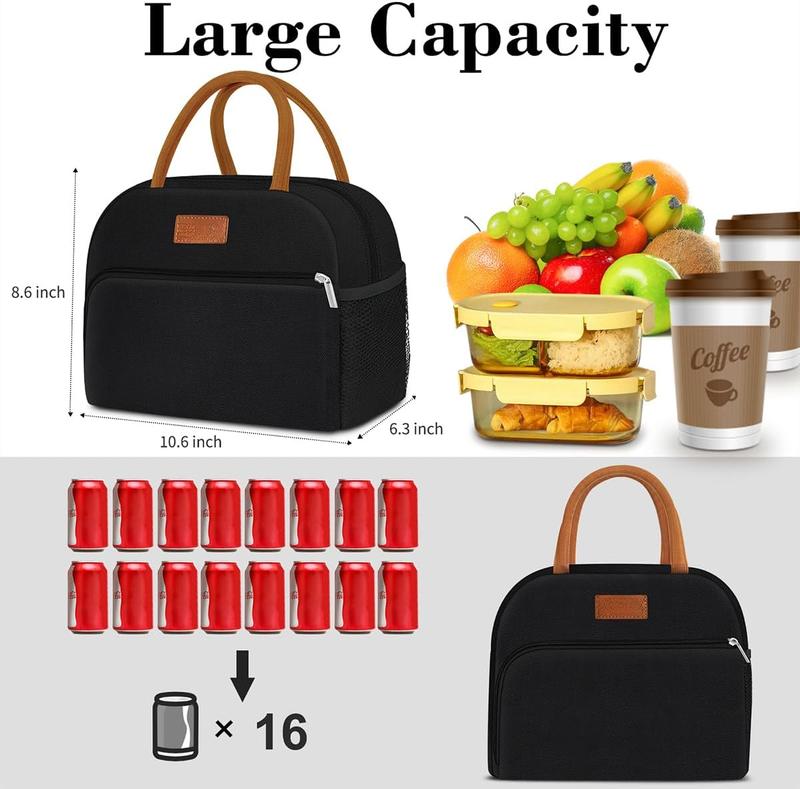 Women's lunch bag, adult men's lunch bag, small leak proof cute lunch handbag, large capacity reusable insulated refrigerated lunch container, suitable for work office picnic travel in black