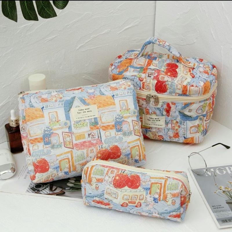 3Pcs Cotton Quited Makeup Bag Set, Quilted Makeup Bag, Large Floral Cosmetic Bag for Women, Cute Cotton Makeup Bags, Flower Travel Toiletry Organizer Bag makeupbag set lip balm