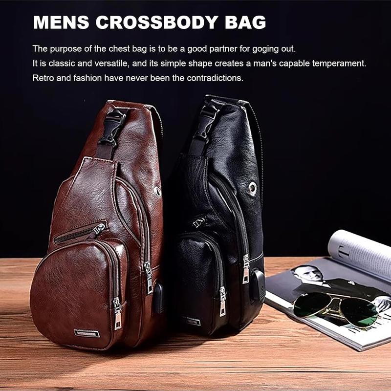 Leather Sling Bag Mens Crossbody Bag Chest Bag Sling Backpack for Men with USB Charge Port