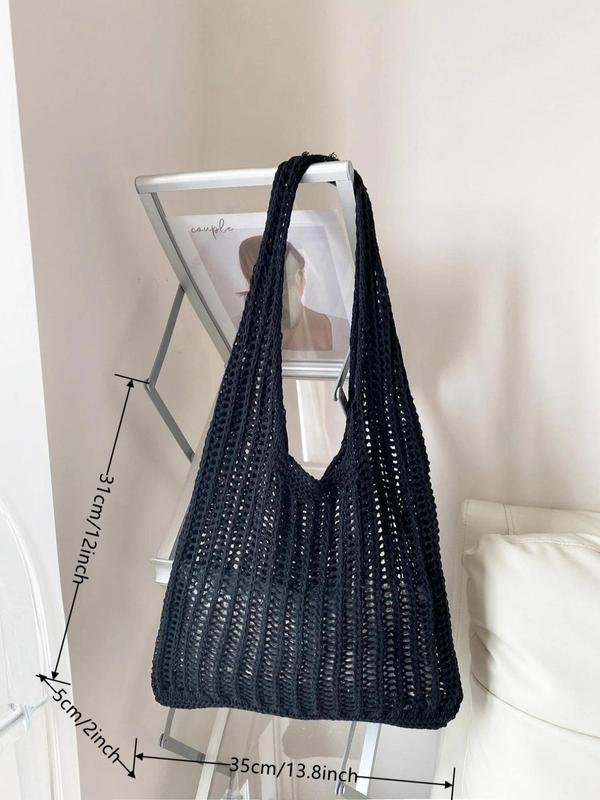 Summer 2024 Women's Minimalist Crochet Tote Shoulder Bag, Casual Lightweight Retro Braided Bag, Trendy Simple Style Bag for Summer Beach Outfit, Back to School Bag, Clean Girl Outfit Bag for Teen Girl