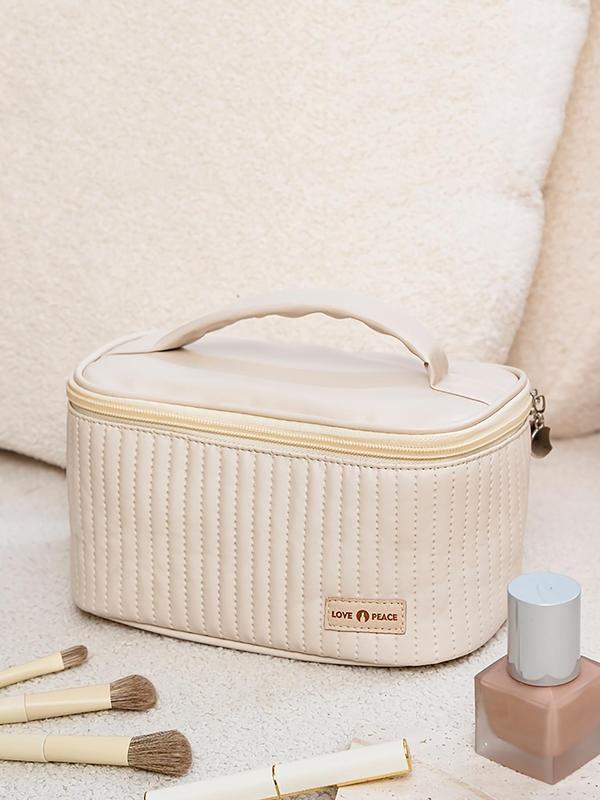 Solid Color Letter Patched Design Makeup Bag,  Large Capacity Cosmetic Makeup Bag, Portable Makeup Bag for Women & Girls