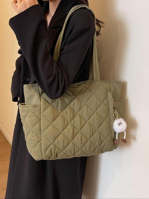 Women's Solid Quilted Tote Bag, Fashionable Large Capacity Shoulder Bag for Daily Commute, Casual Trendy Versatile High-quality Daily Commuting Bag