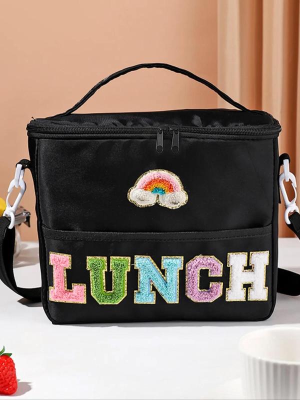 Cute Letter & Smile Face Pattern Lunch Bag, Large Capacity Zipper Lunch Bag with Adjustable Strap, Casual Lunch Bag for Outdoor Camping Picnic Travel