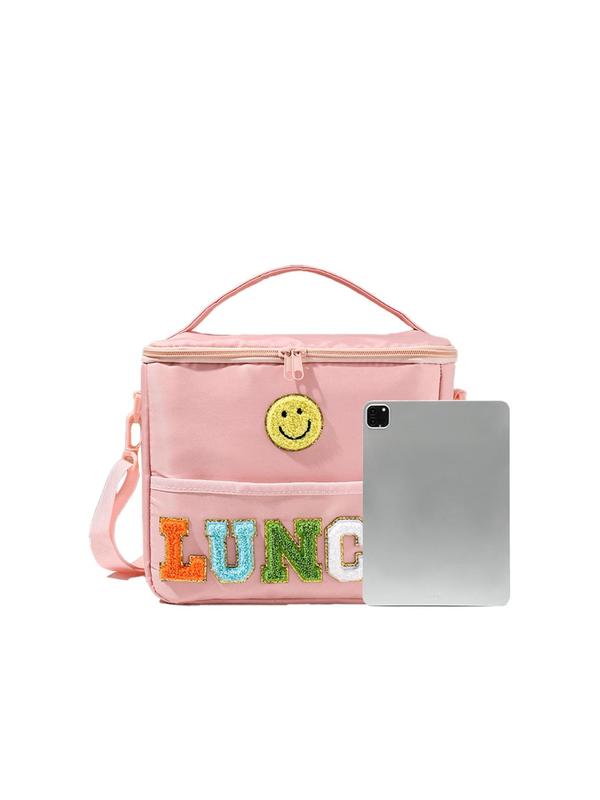 Cute Letter & Smile Face Pattern Lunch Bag, Large Capacity Zipper Lunch Bag with Adjustable Strap, Casual Lunch Bag for Outdoor Camping Picnic Travel