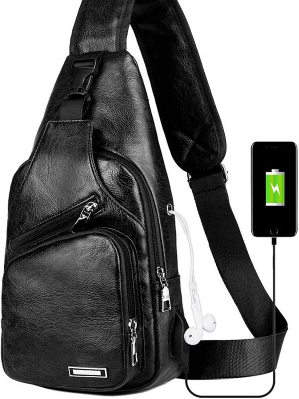 Leather Sling Bag Mens Crossbody Bag Chest Bag Sling Backpack for Men with USB Charge Port