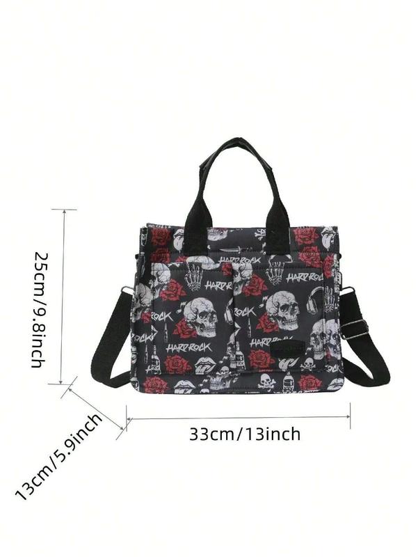 Skull Design Large Capacity Multi-Pocket Canvas Tote Bag, Lightweight Casual Shoulder Handbag For Women