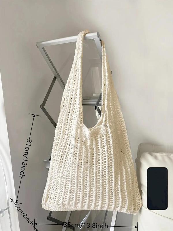 Summer 2024 Women's Minimalist Crochet Tote Shoulder Bag, Casual Lightweight Retro Braided Bag, Trendy Simple Style Bag for Summer Beach Outfit, Back to School Bag, Clean Girl Outfit Bag for Teen Girl