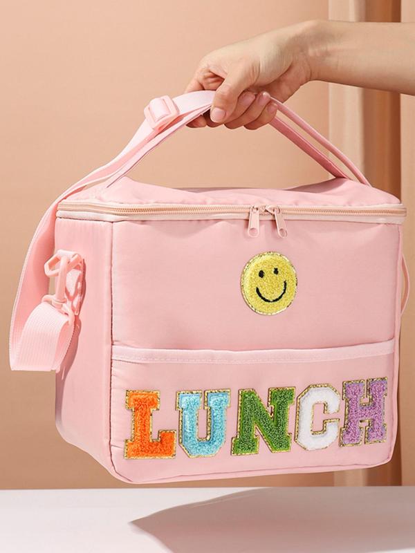 Cute Letter & Smile Face Pattern Lunch Bag, Large Capacity Zipper Lunch Bag with Adjustable Strap, Casual Lunch Bag for Outdoor Camping Picnic Travel