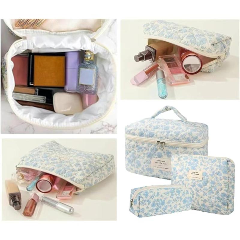 3Pcs Cotton Quited Makeup Bag Set, Quilted Makeup Bag, Large Floral Cosmetic Bag for Women, Cute Cotton Makeup Bags, Flower Travel Toiletry Organizer Bag makeupbag set lip balm