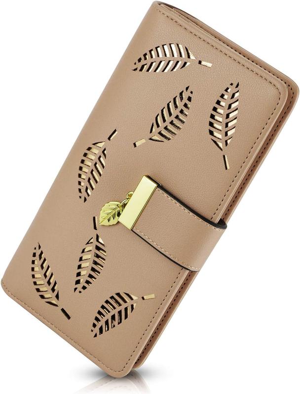 Women's Wallet Women Credit Card Holder Hollow Leaf Pattern Bifold Leather Lady Long Wallet Purse Zip Birthday Xmas Gifts for Women Girls(Khaki)