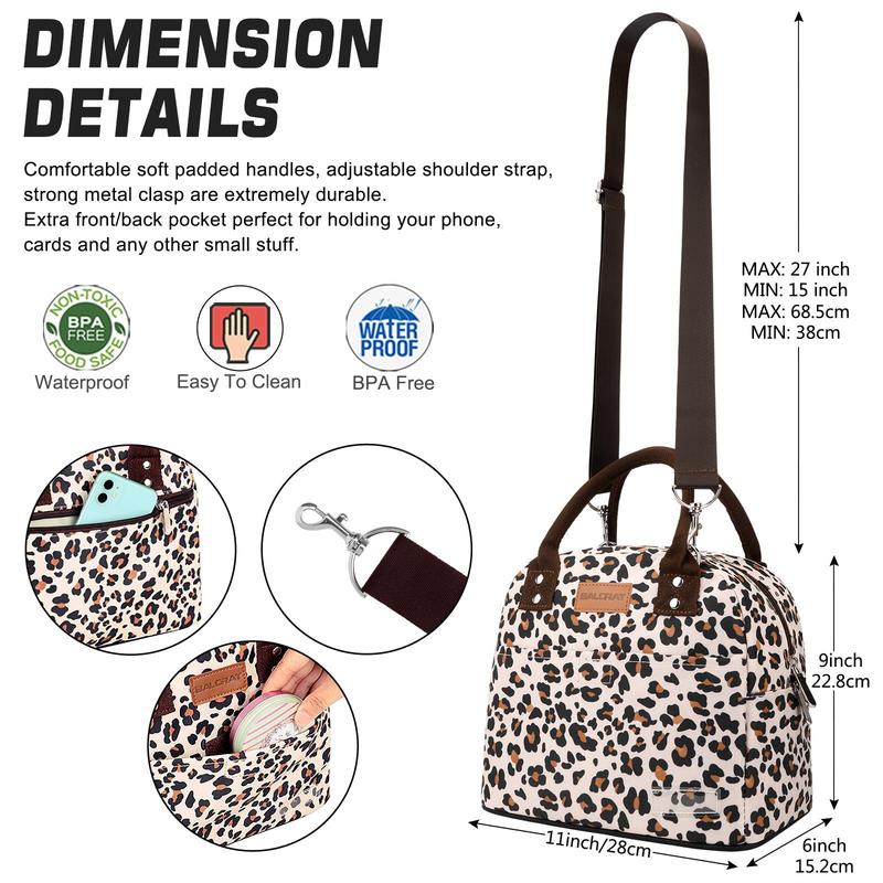 Leopard Print Bento Bag, 1 Count Reusable Lunch Bag with Handle & Strap, Insulated Lunch Bag for Office Outdoor School Picnic