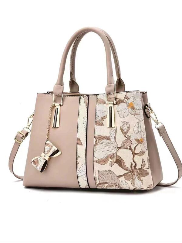 Women's Fashionable Floral Pattern Handbag, Casual Large Capacity Shoulder Bag with Bowknot Charm, Trendy Versatile High-quality Daily Commuting Bag